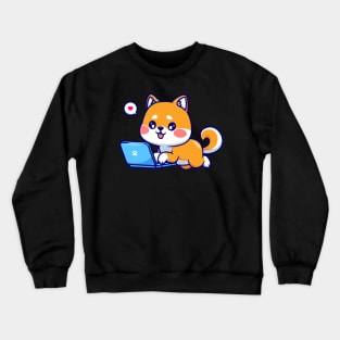 Cute Shiba Inu Dog Working On Laptop Cartoon Crewneck Sweatshirt